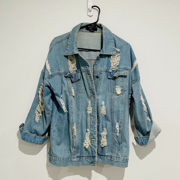 Forever 21 Light Blue Denim Ripped Long Jacket Size S - Picture 1 of 8